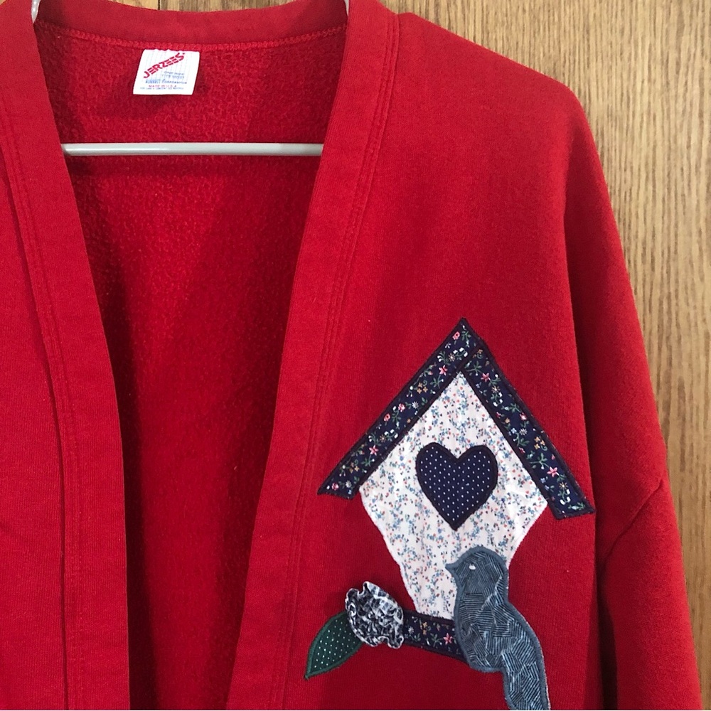 Vintage Red Birdhouse Cardigan Sweatshirt | Oversized Grandmacore Cottagecore